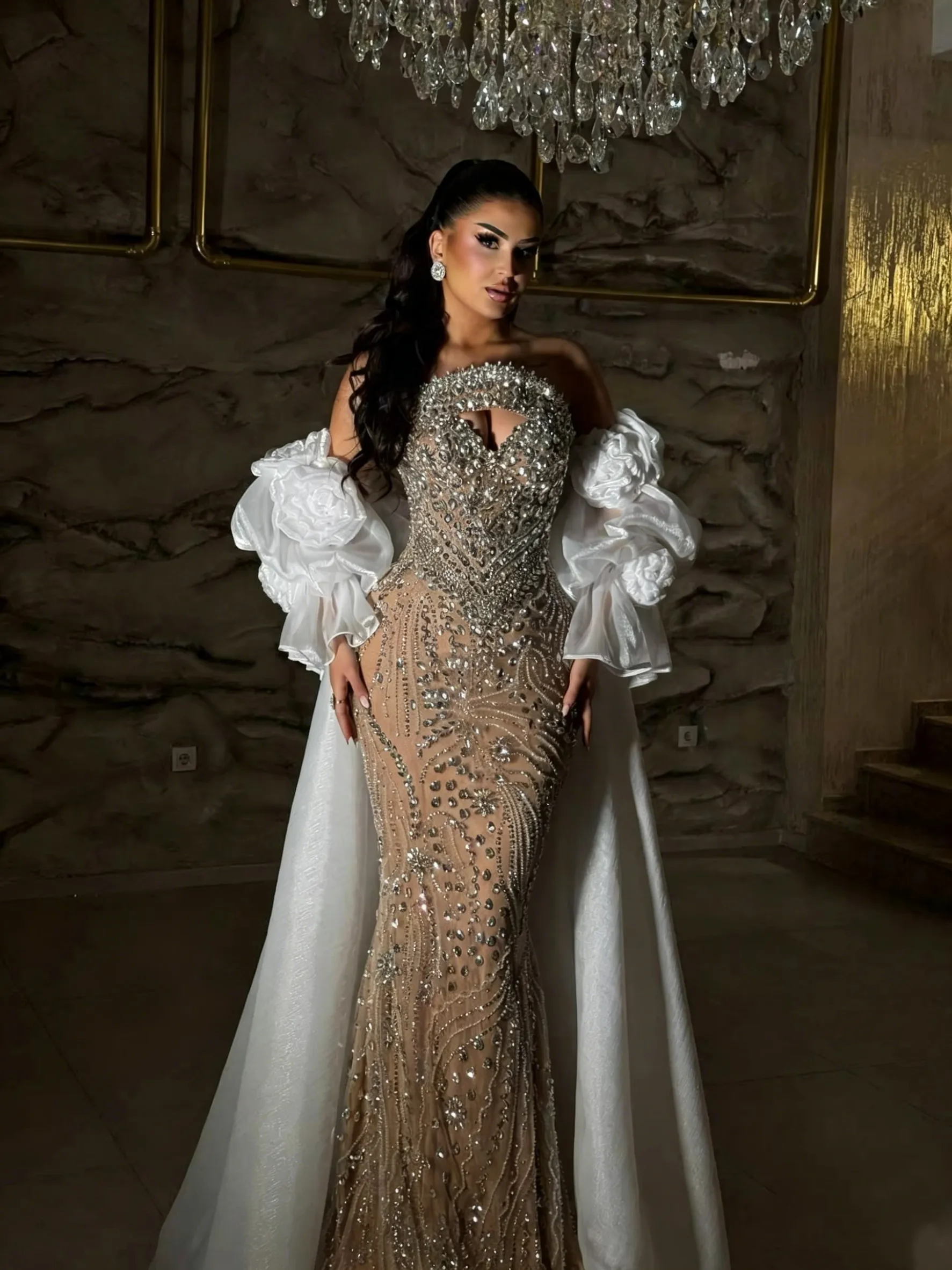 gorgeous dinner dresses Evening for Women - Strapless Sequin Lace Gown with Sweep Train - Sleeveless Wrap Party Dress neckline and ruched detailing Size:XLG marilyn-251020 Lace dress Xmas Dance Costumes by