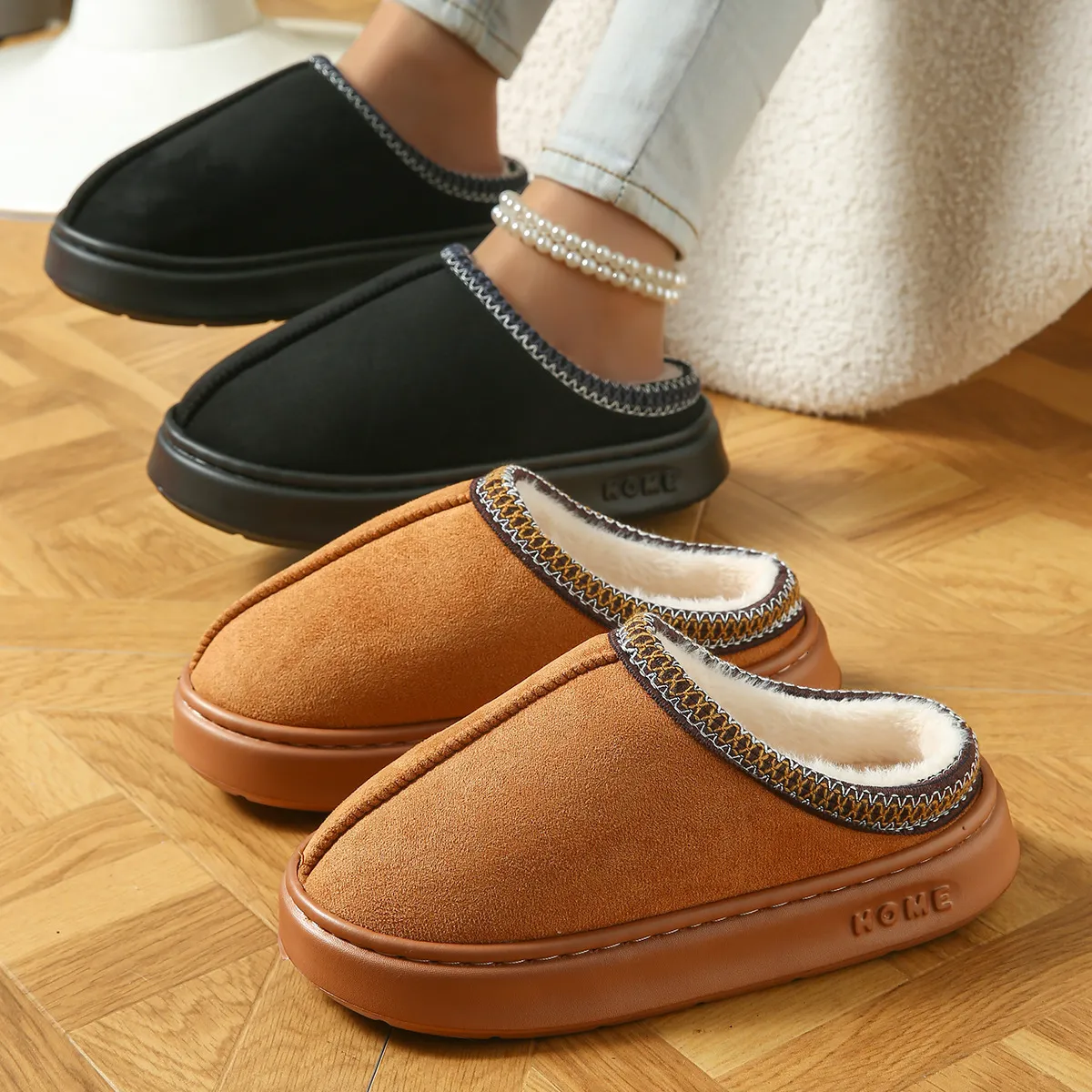 Women's Brown Plush Lined Platform Slippers With Embroidery Detail_voghion.com