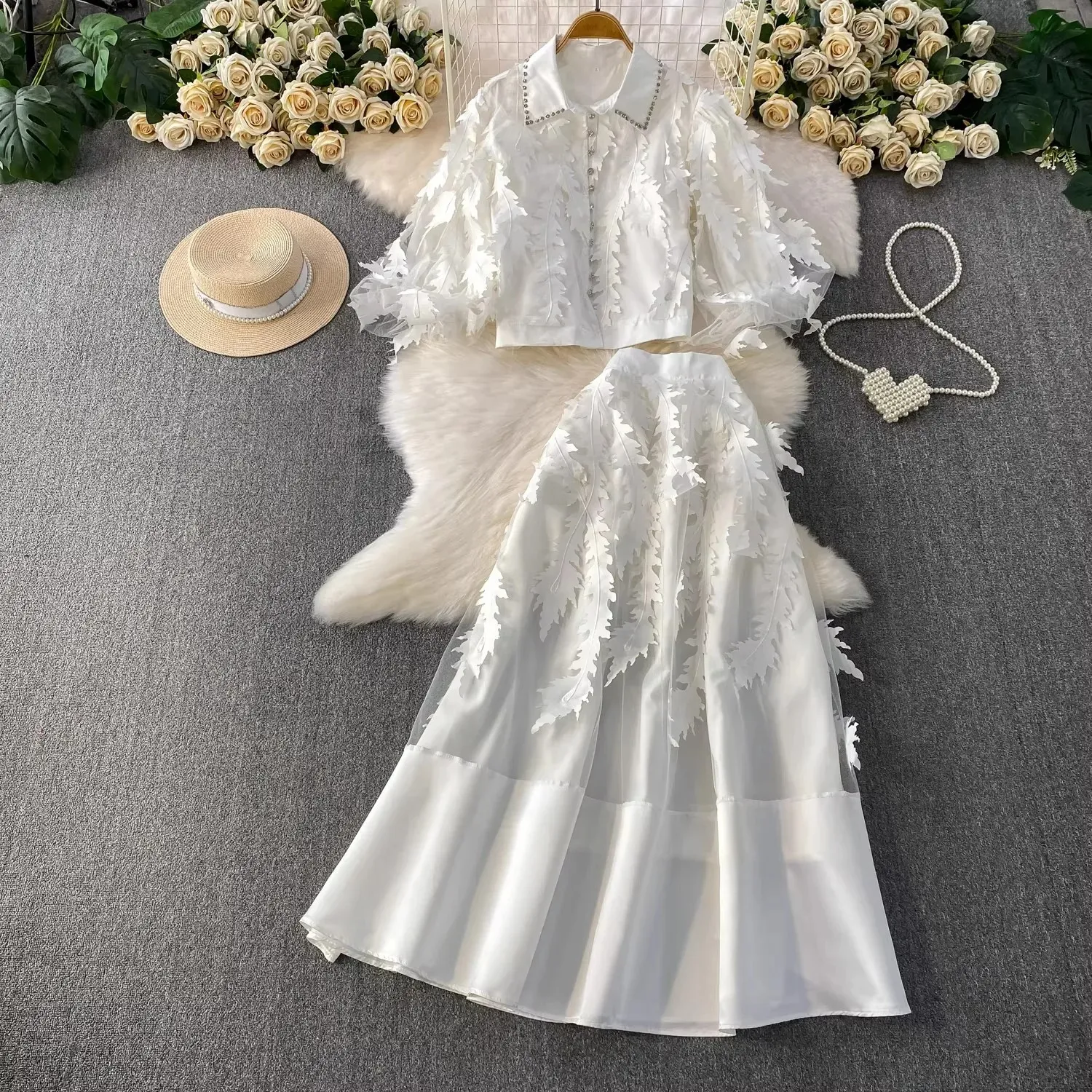 chinese dress ladies Boho Two-piece Long Sleeve Wedding Dress Lace Top Chiffon Skirt   loveangeldress