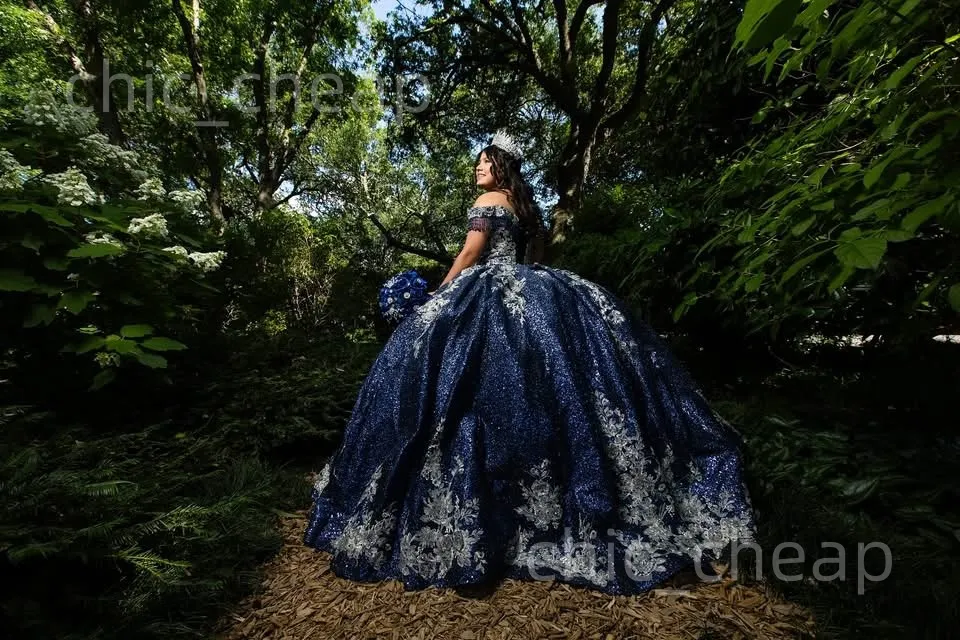 blue debutante dress Navy Blue Ball Gown Off the Shoulder Prom Dress