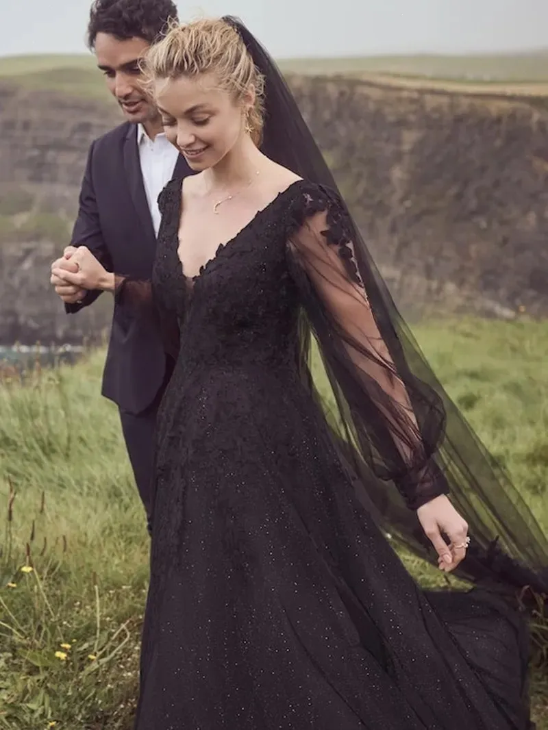 black fairy wedding dress Gothic Dress, Long Sleeve Lace... From Lovinwedding, Rs.15,710.08 Size:customize sheer chiffon bell sleeves HEMP DRESSES LAGSHIAN Women's Off Shoulder