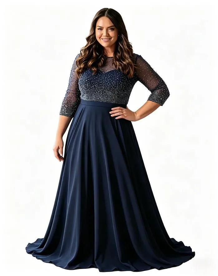 Plus Size Navy Blue Beaded Chiffon Prom Dress, Bateau... From Aurorabridalgown, Rs.12,168.16