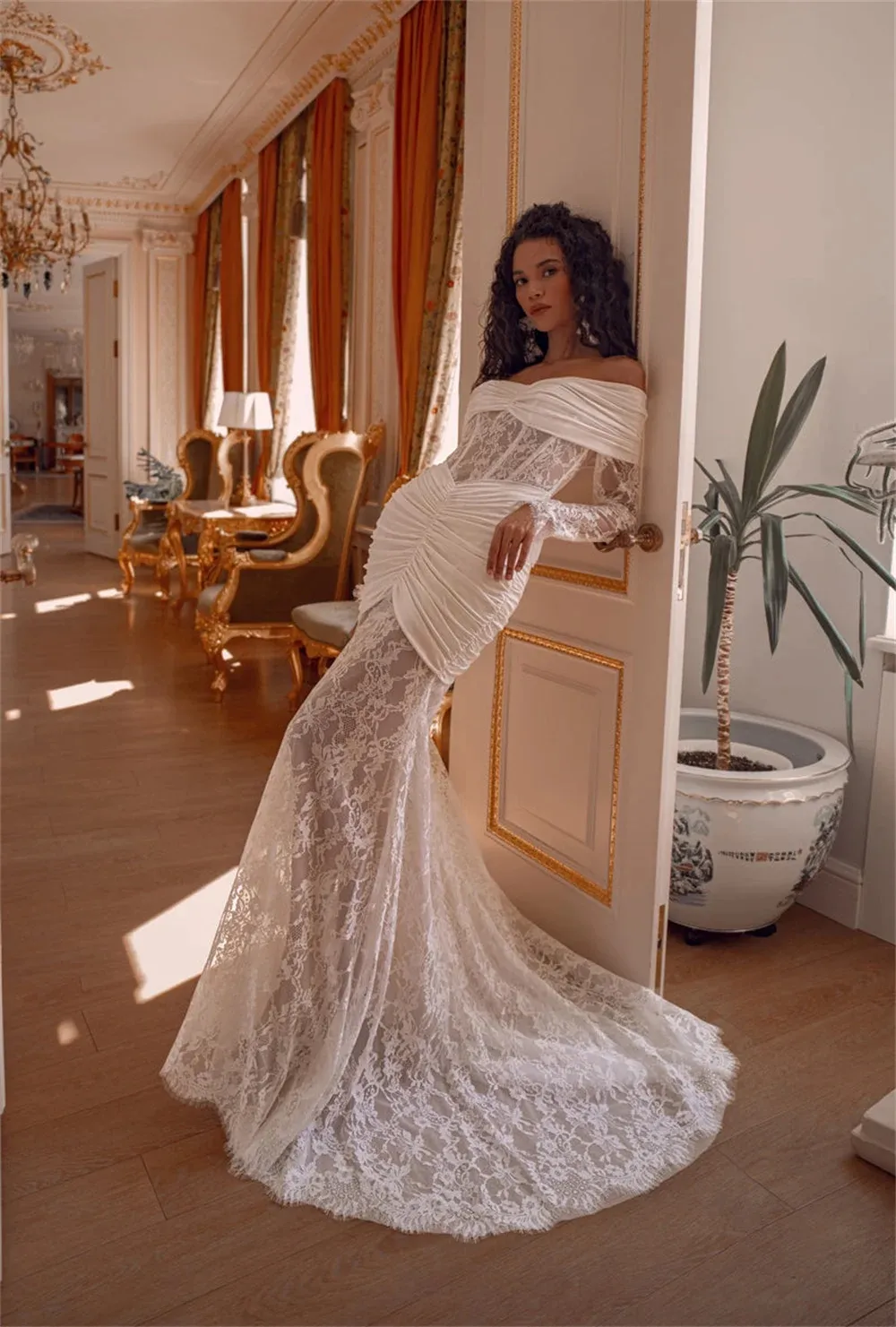 long sleeves customize made lace application bridal gown wedding dresses Lace Wedding Dress, Round Neck Long Sleeve Ball Gown, Custom Made to Order