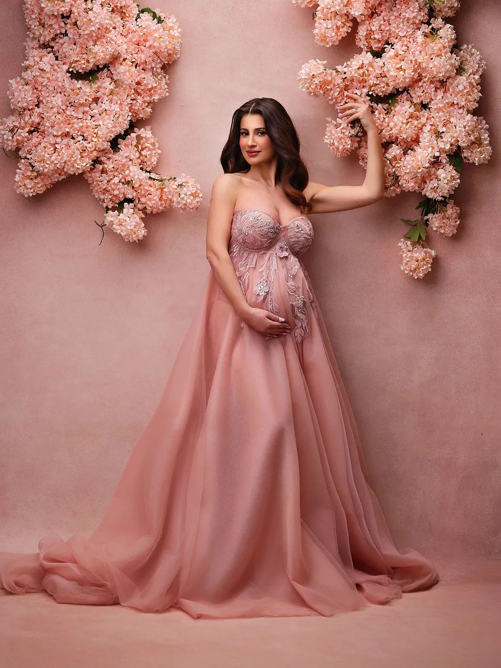 pink maternity photoshoot dress PinkBlush Metallic Off Shoulder Long Sleeve Wrap Gown/Dress Maternity Photoshoot Dress Strapless Ball