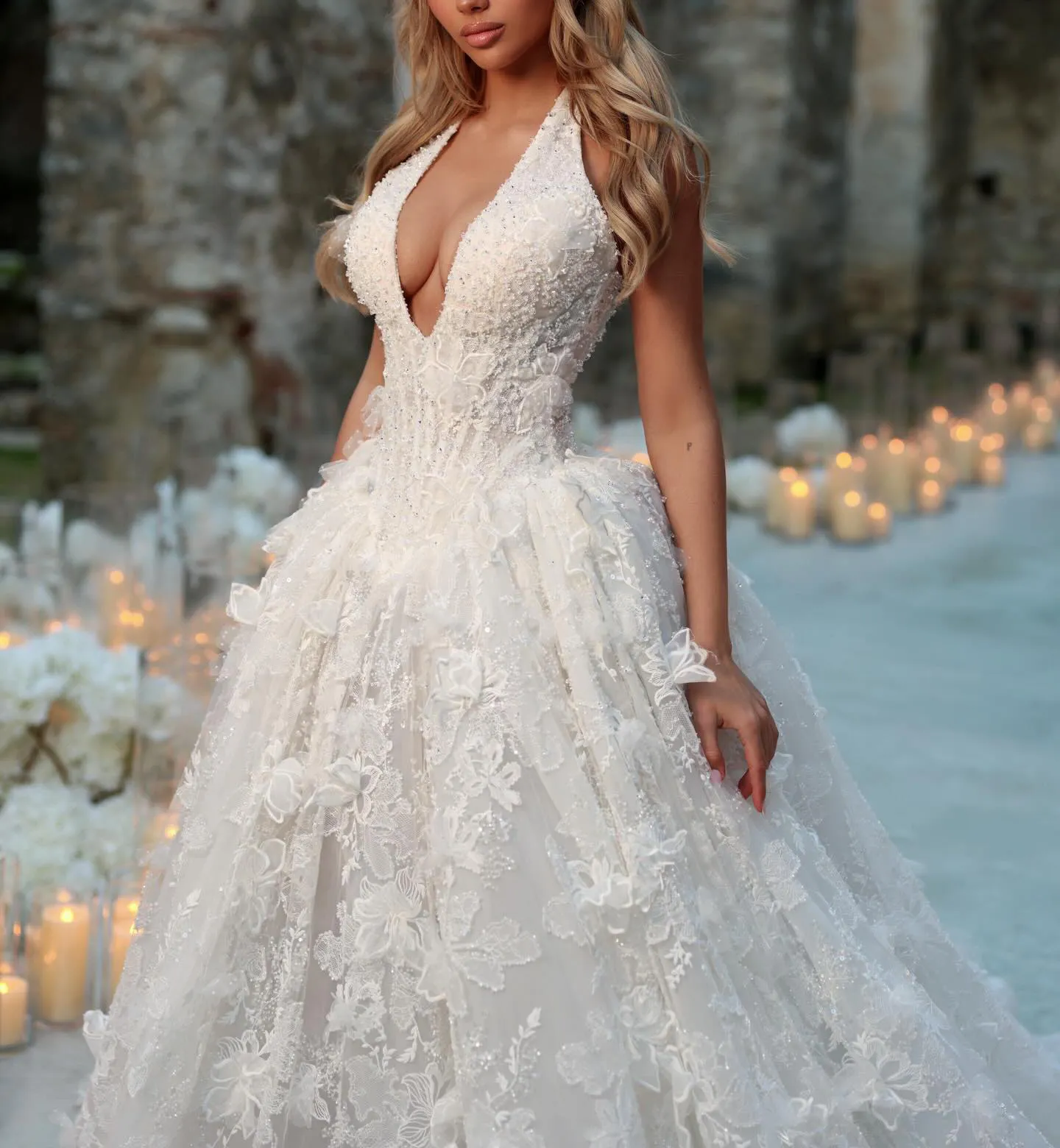 plus size halter wedding dresses Glamorous Glittery Neck Midi Guest Dress The puffy A As-Is Plunging Lace Halter Plus