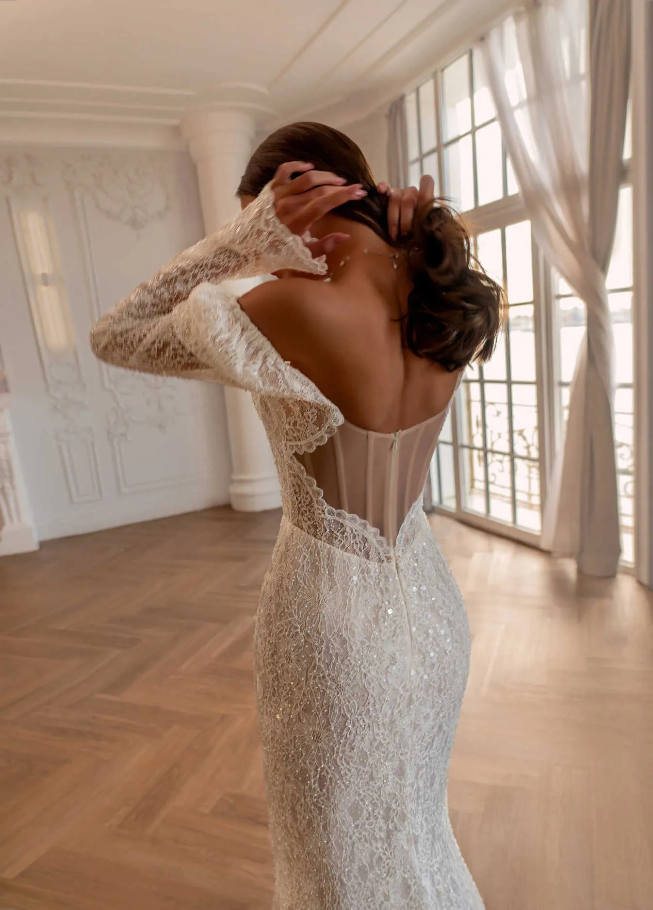 long sleeve lace wedding dress open back mermaid Long Sleeve Lace Mermaid Wedding Dress Backless Gown With Low Back Detail (0157)