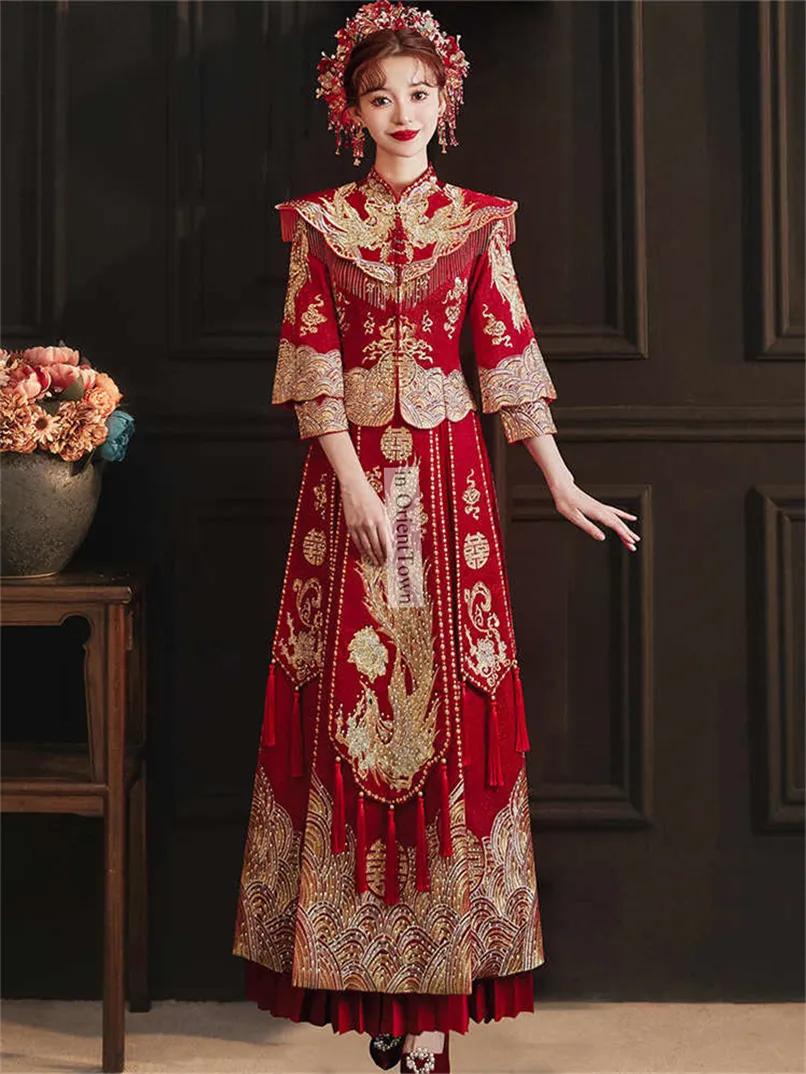 Chinese Traditional Xiuhe Wedding Dress Women Ancient Hanfu Tops + Skirt  Set Asian Wedding Toast Engagement Bridal Gowns TP105 From 78,21 €