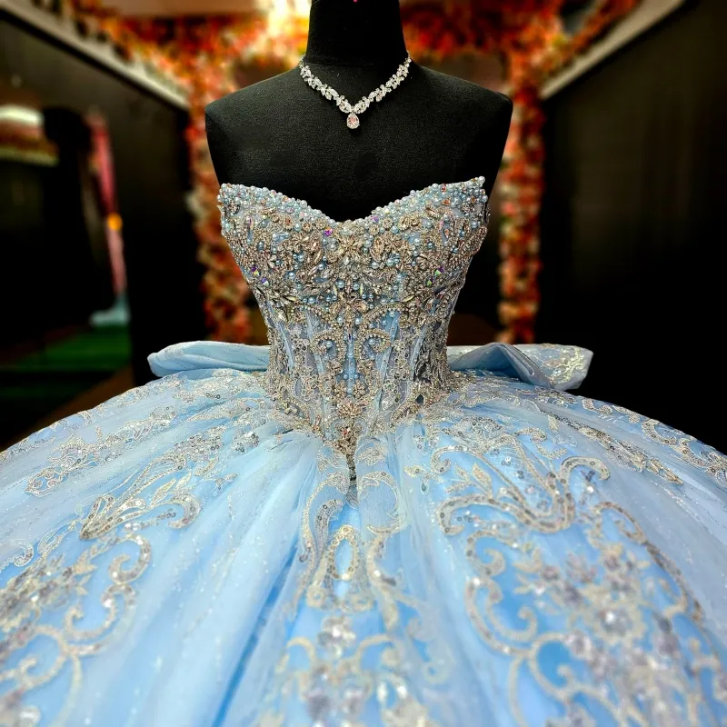 light blue quince dresses Customized(can Not Refund) Baby Blue Long Quinceanera Dresses Ball Gown Birthday Party Dress Lace Up Graduation Gown Sweetheart Quinceanera de 15