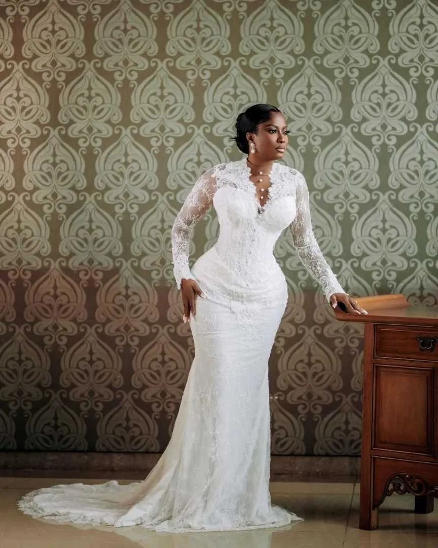 long sleeve lace v back wedding dress Long Sleeve Applique Crepe Button Back Lace Dress