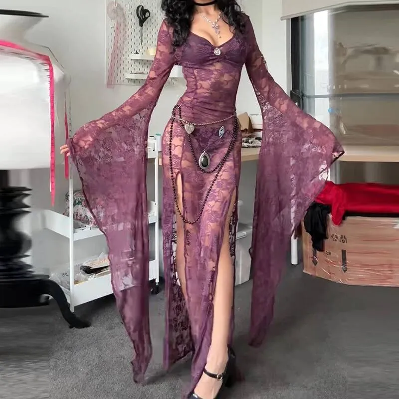 Women Sheer Lace Maxi Bat Long Sleeve Split Flowy Y2k... From 20,76  |  DHgate