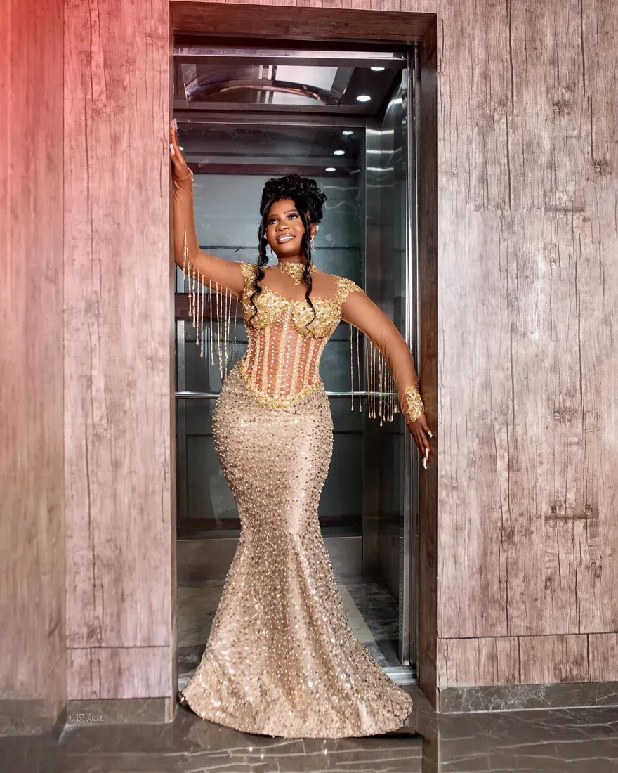 slim fit dress slacks Champagne Gold Sequin Lace Prom Dresses Sleeveless Formal Dress 222176 –  Viniodress main image 1