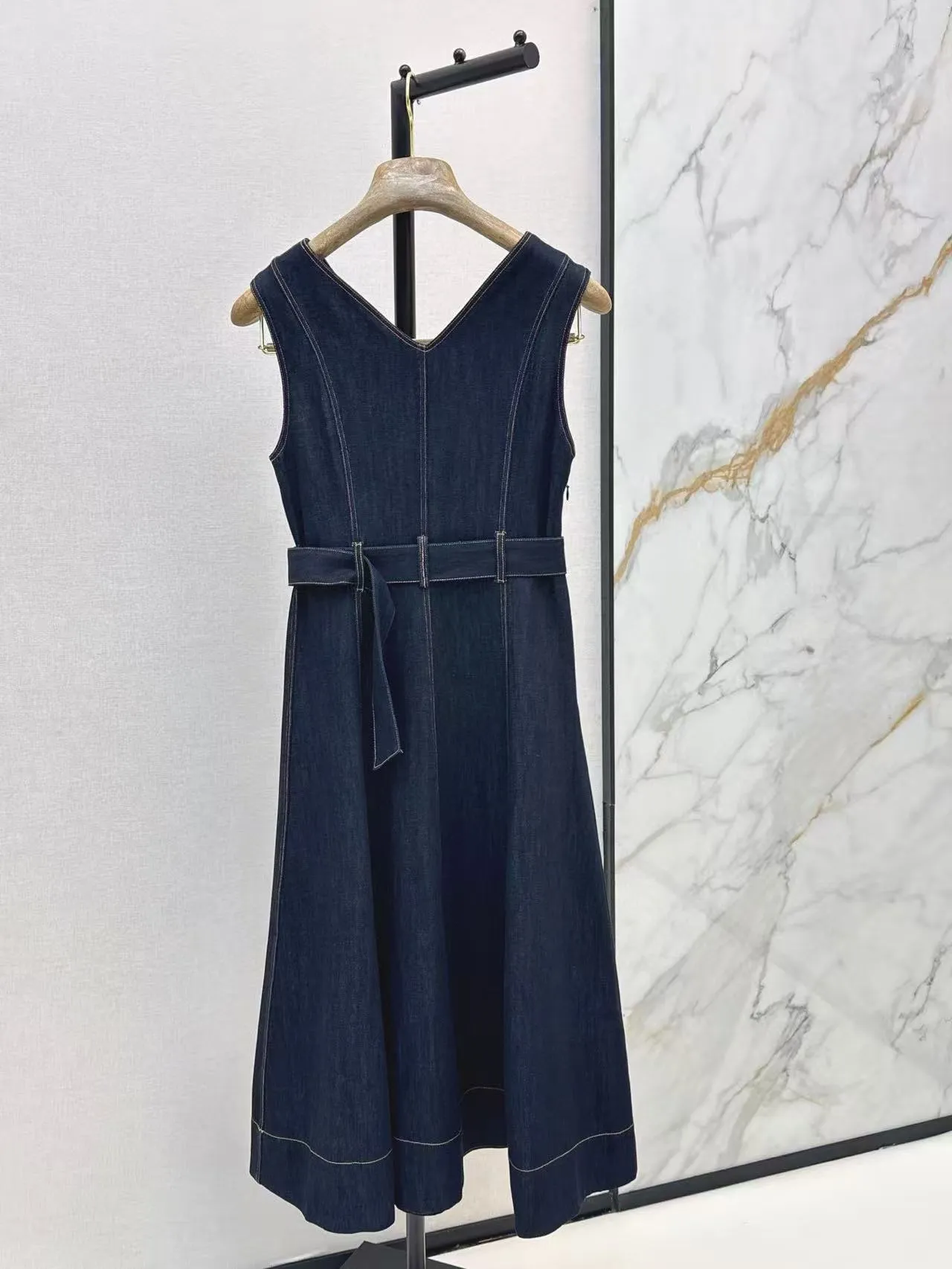 designer denim dresses Dark Blue V Neck Sleeveless Sandro Denim... From Michellayao123, Rs.9,827.1 Elasticated bodice Denim Dresses | Luxury Designer