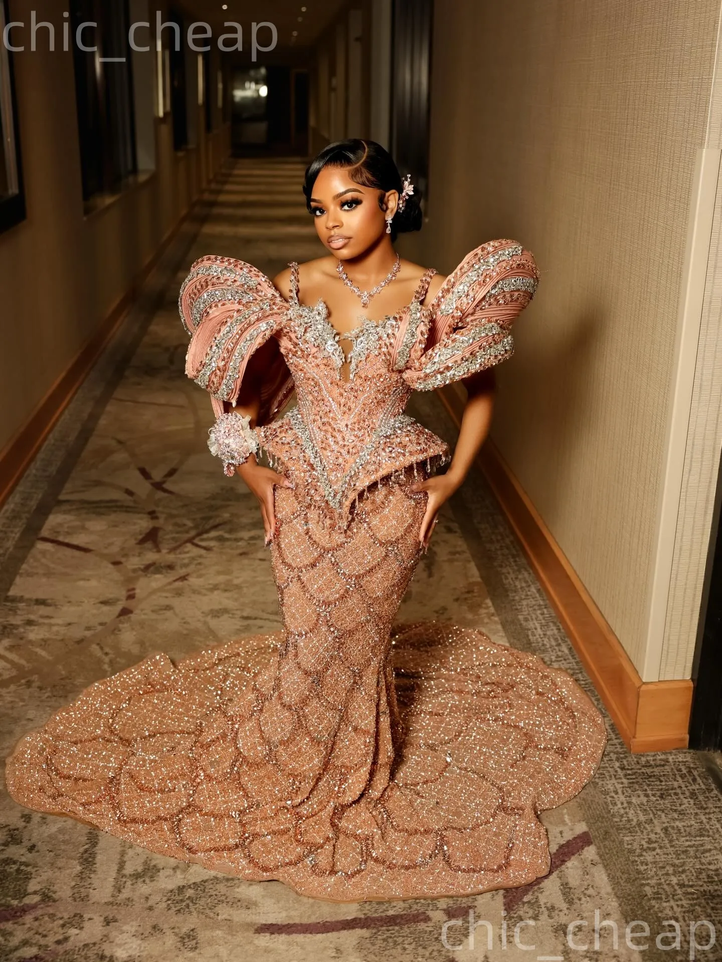 Rose Gold Mermaid Prom Dress, Sequined Spaghetti Strap Evening Gown with Crystals, Stylish Long Formal Pageant Dress for Women, Birthday and Party 