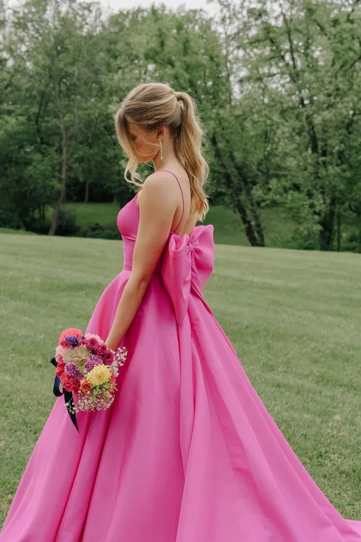 hot pink bow back dress Satin Spaghetti Strap Maxi Dress, Big Back, Ruched Waist, A-Line Court Train, Soft Fitted Glossy Evening, Prom, Cocktail, Formal Party aza fashions