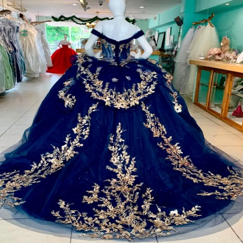 navy blue and gold quince dress Quinceanera Ball Gown Blue Wedding Dress... From Zaomeng321, $312.53 US Size:14W Darya | Black Velvet Men 1897 Original Peaches boutique guest book