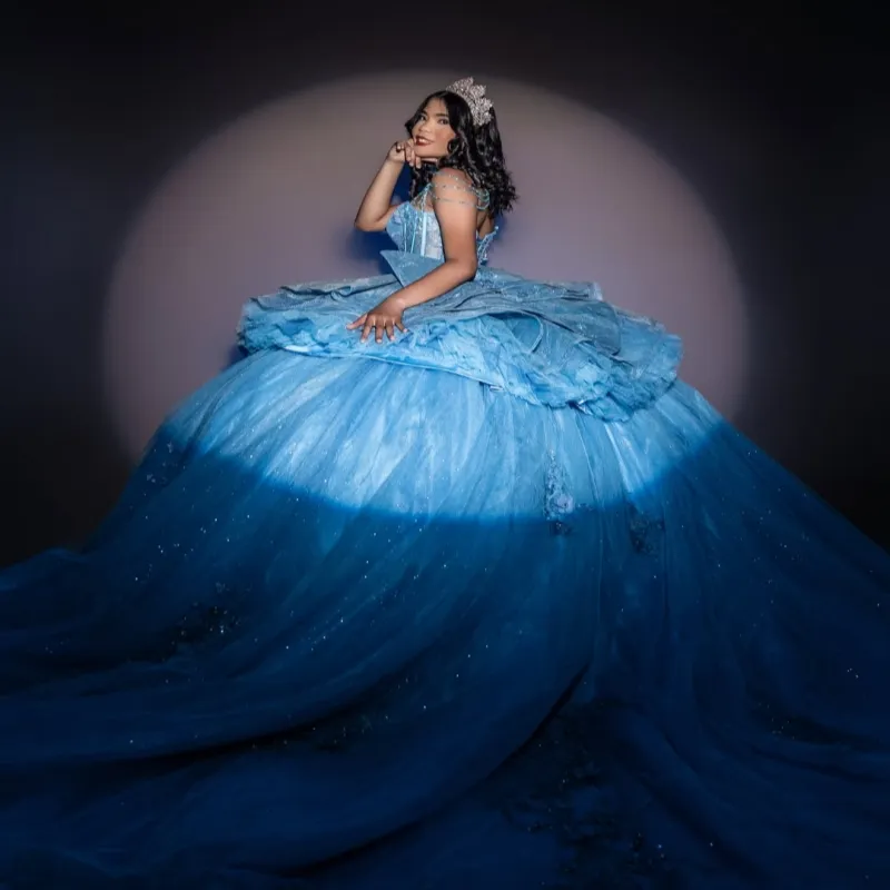Shiny Light Blue Quinceanera Ball Blue Ball Gown... From Leiel123, Rs.31,815.81