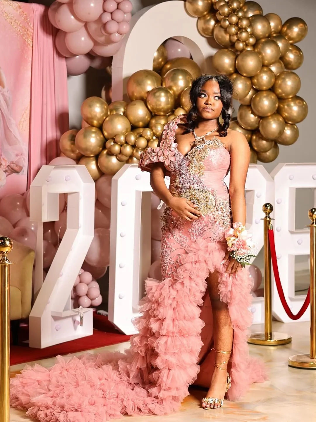 pink and gold dress illusion One Shoulder Mermaid Pink Ruffle Prom With... From Dreamcode, Rs.29,405.12 back:crisscross
