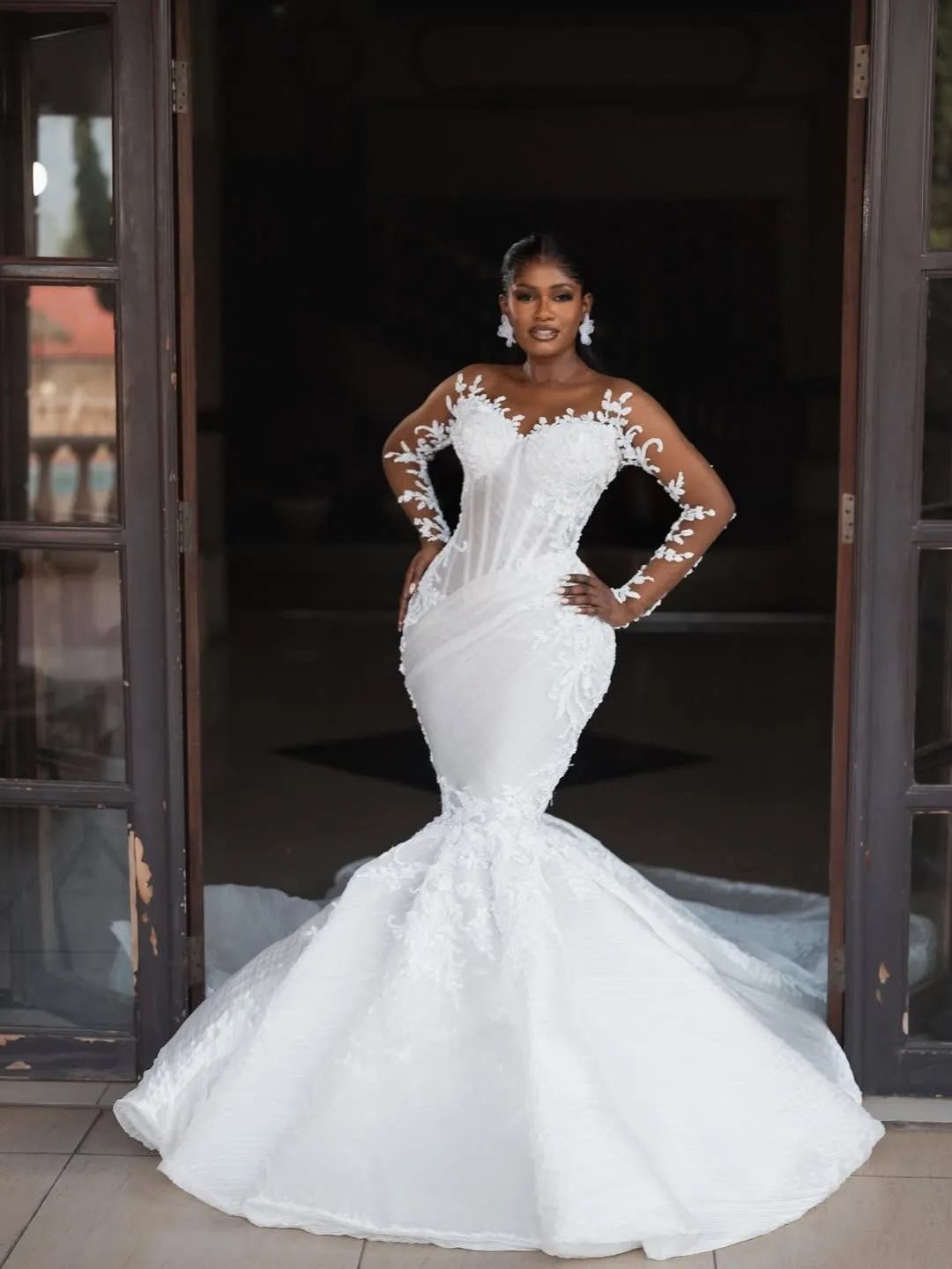 african bridal dresses 2026 Simple Style Aso Ebi Wedding Dress Gown For Bride Mermaid Wedding Gowns Sheer Neck Long Sleeves Beaded Lace Rhinestones Bridal be cool Women Plus Size Elegant Dress:Dress+gloves This African attire wedding Beautiful