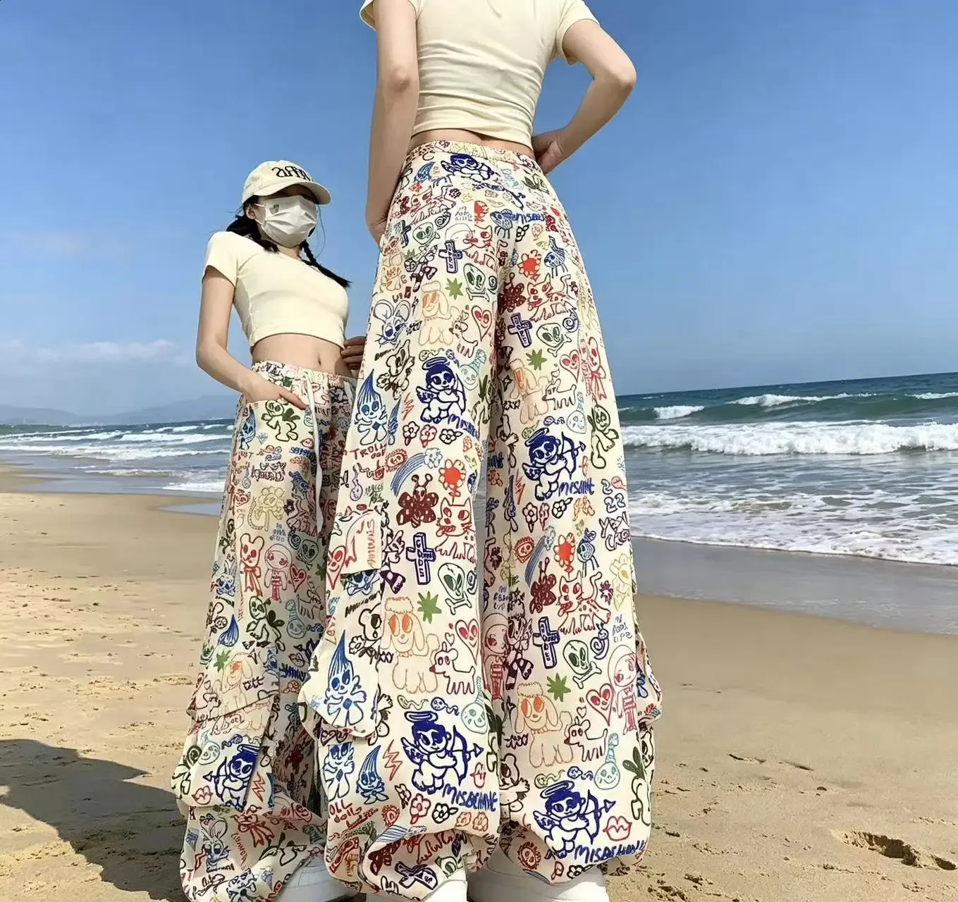 Colorful Cartoon Graffiti Wide Leg Flowy Pants Women... From Mu02 