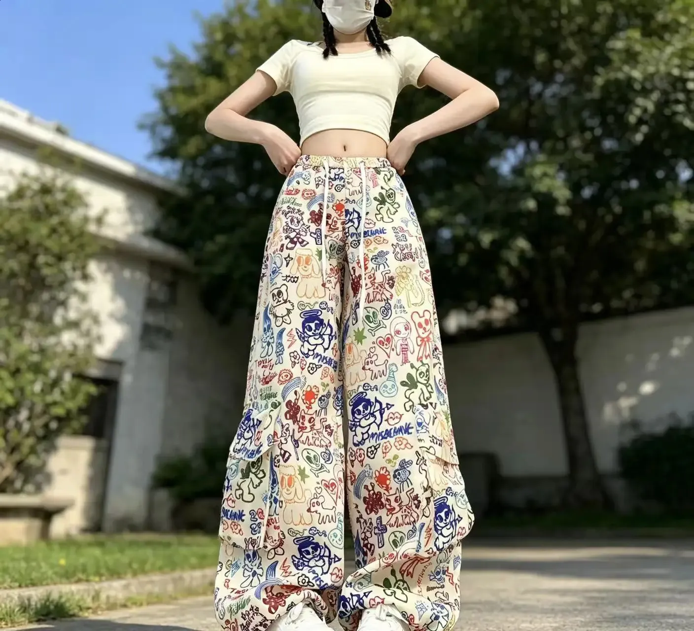 Colorful Cartoon Graffiti Wide Leg Flowy Pants Women... From Mu02 