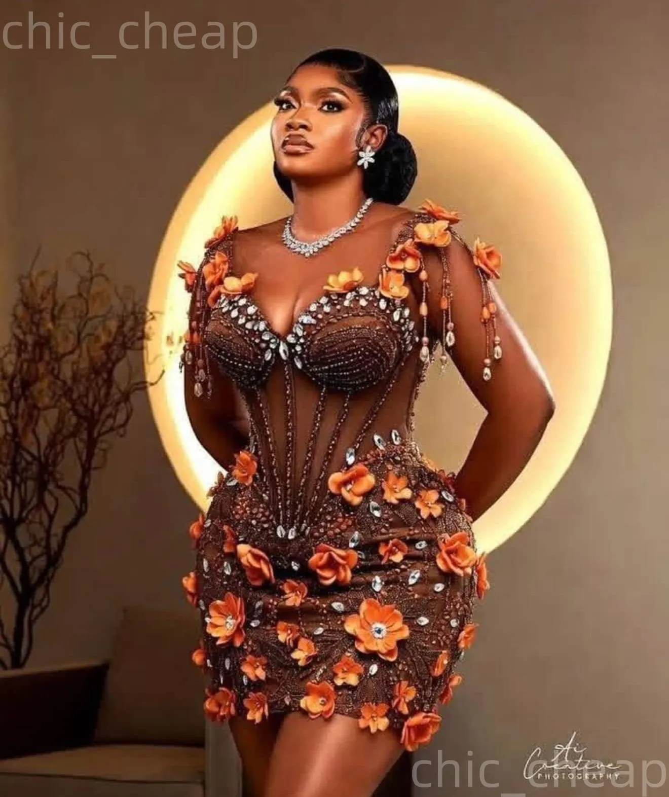 2026 Brown Sheath Cocktail Dress Illusion Crystals Flowers Sheer Neck Short Mini Graduation Homecoming Dinner Party Holiday Beach Dresses