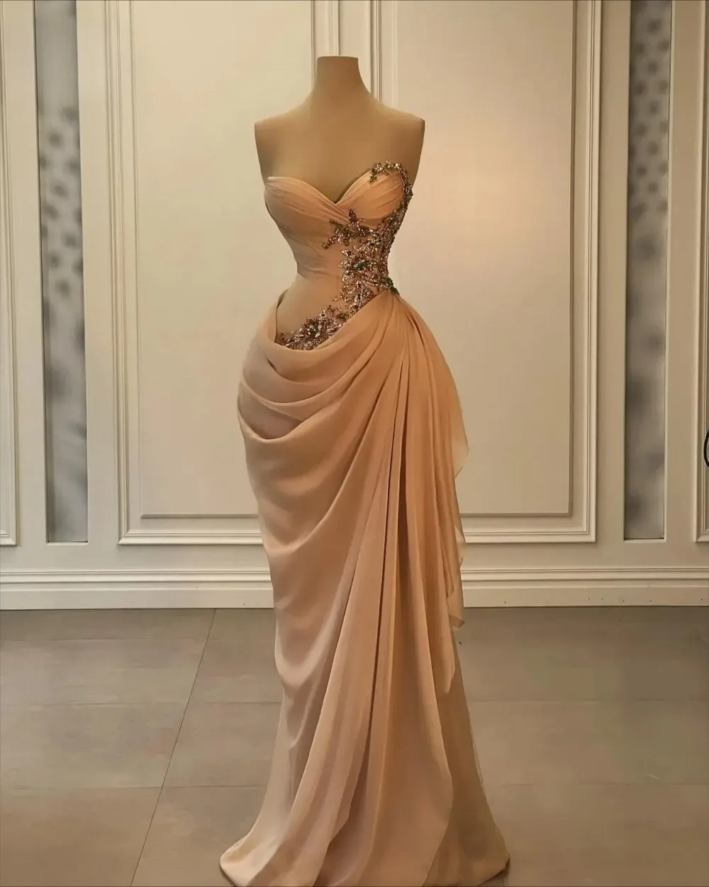peach colored mermaid prom dresses Peach Pink Strapless Open Waist Mermaid Prom Dresses, CP0785 Custom Size(leaving a note) / As Pic