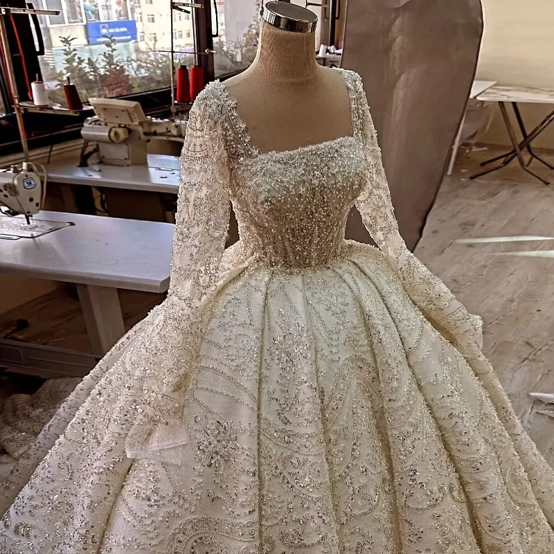 engagement dresses dubai Long Sleeve Ball Wedding Square Neck Party Dress Luxury Sequins Bridal Gowns Robe De Mariee Customizable Gold color:Ivory Ribbon red tulip dress Cutout Frilly Maxi Dress