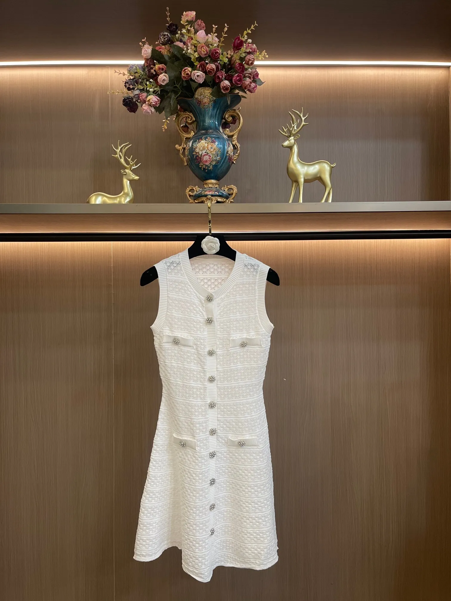 Black, White, Pink, Green Sleeveless Knit Dress for Women, O-Neck Button Front, Milan Runway Style