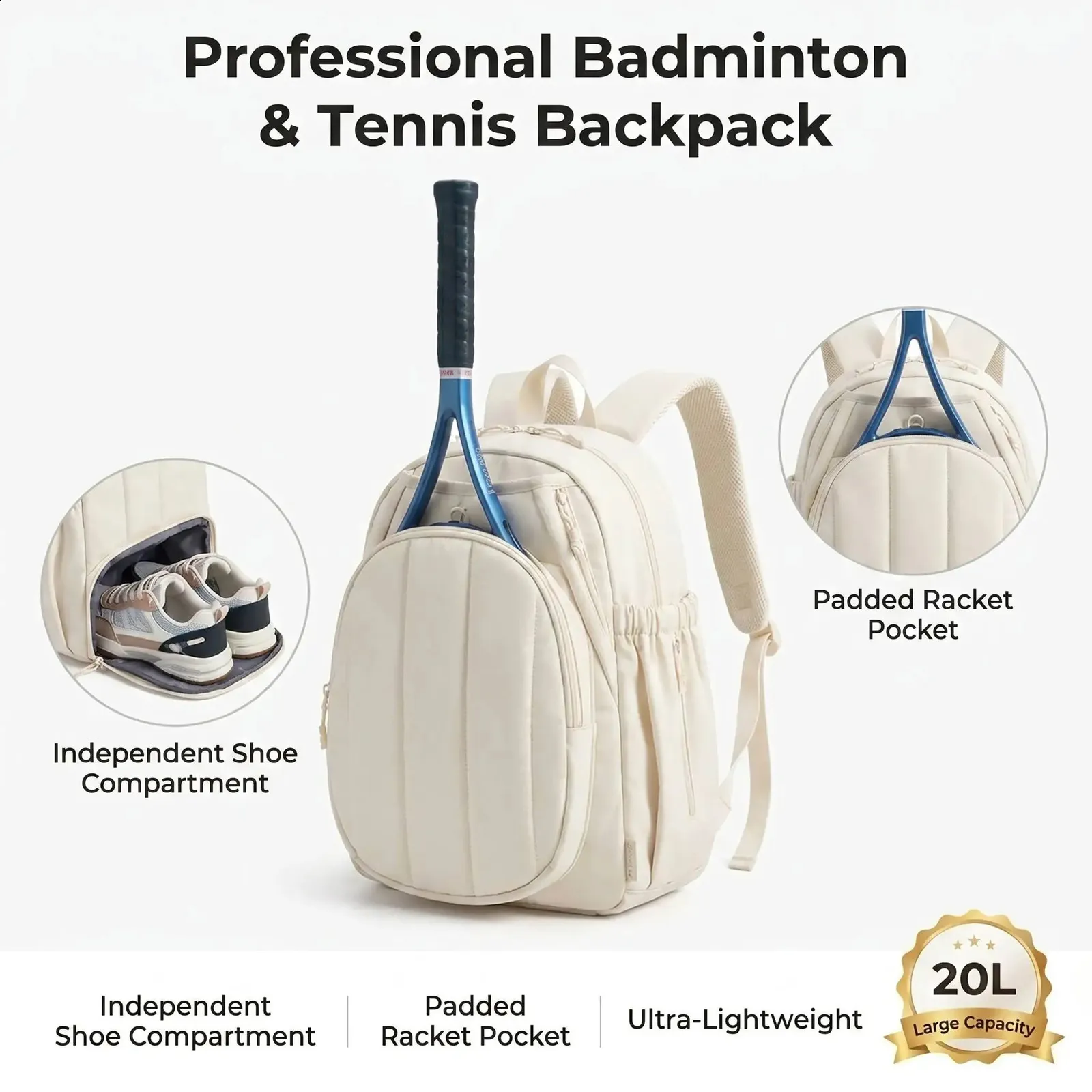 Quilted Tennis Racket Bag Backpack Women Pickleball Badminton Large Capacity Sucipi Tennis Bag, Quilted Tennis Sling Crossbody Backpack  main image 2