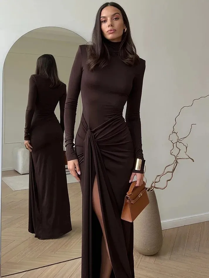 brown turtleneck bodycon dress Long Sleeve High Neck Multi Wrap Front Mini Bodycon Dress In Brown Slinky | EGO US