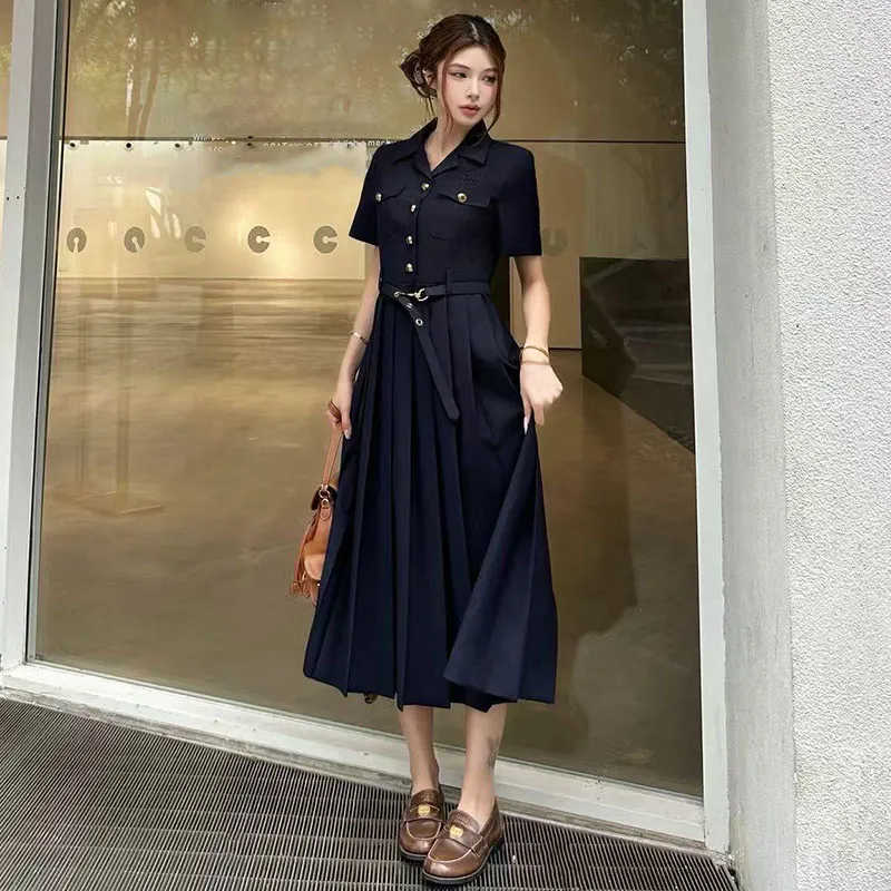 womens designer shirt dress Designer new khaki short-sleeved shirt dress, high-quality belted pleated  skirt women's jacket, elegant office casual women's clothing, women's jacket