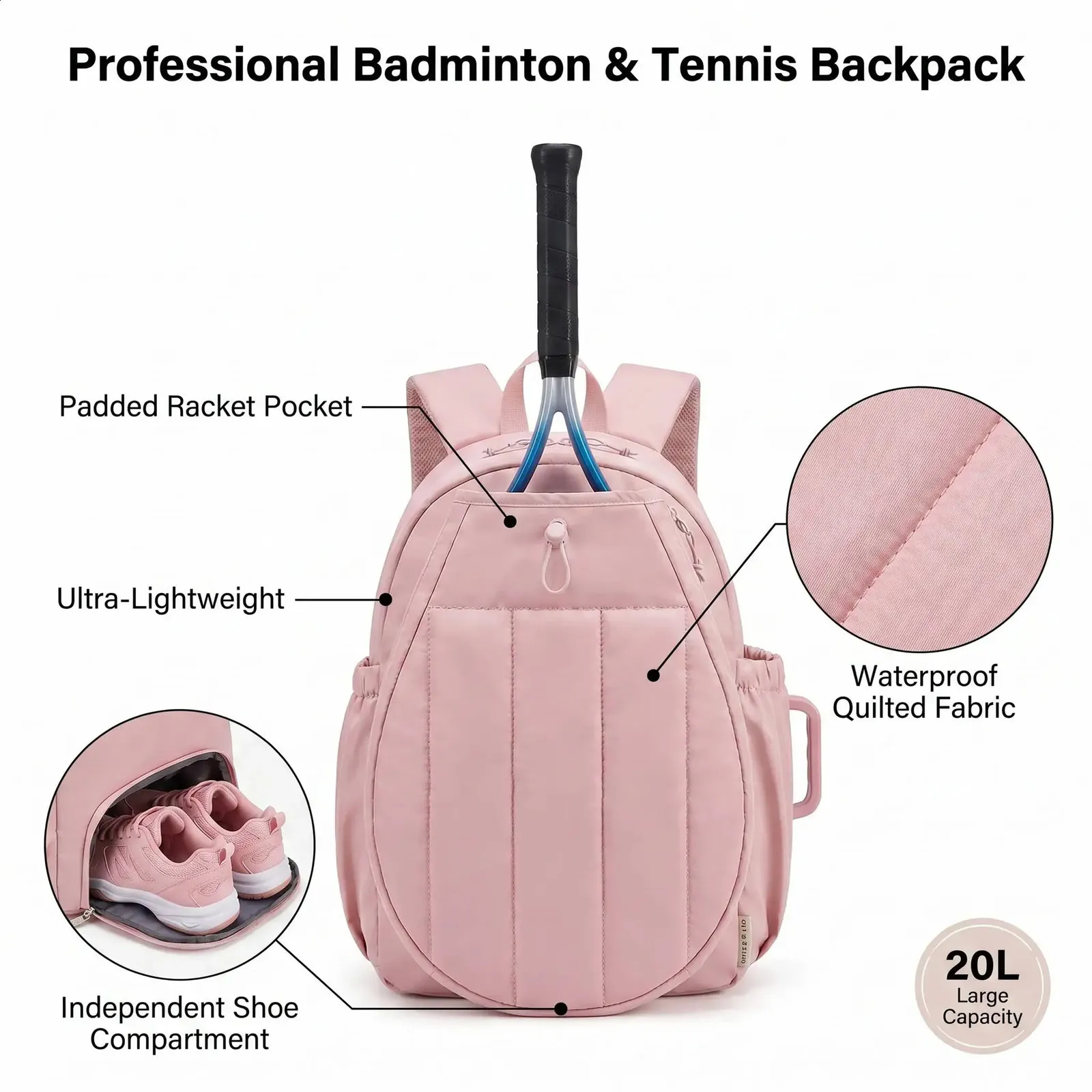 Quilted Tennis Racket Bag Backpack Women Pickleball Badminton Large Capacity Sucipi Tennis Bag, Quilted Tennis Sling Crossbody Backpack  main image 3