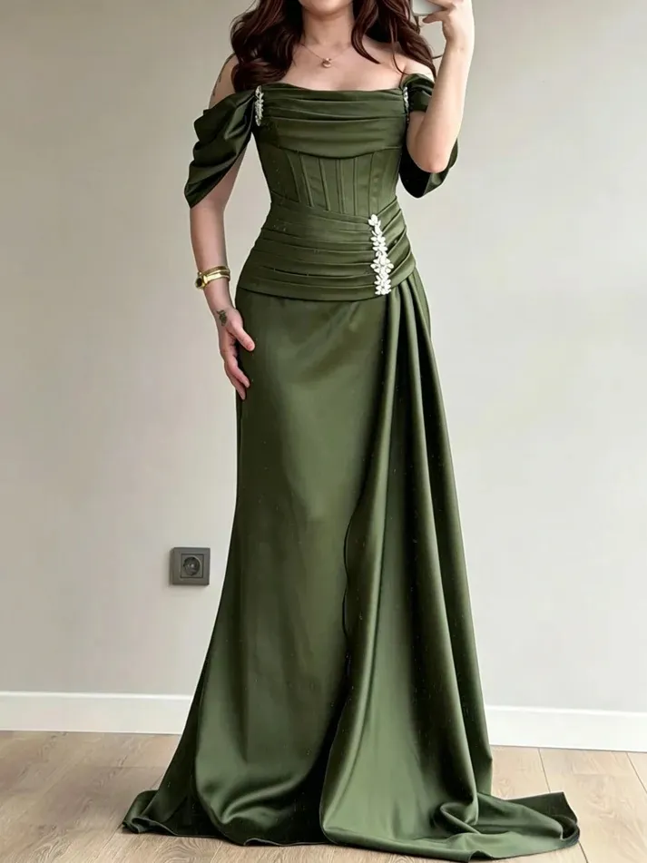Olive Green Satin Mermaid Maxi Evening Prom Dress,... From Fairy_dress, Rs.5,719.56