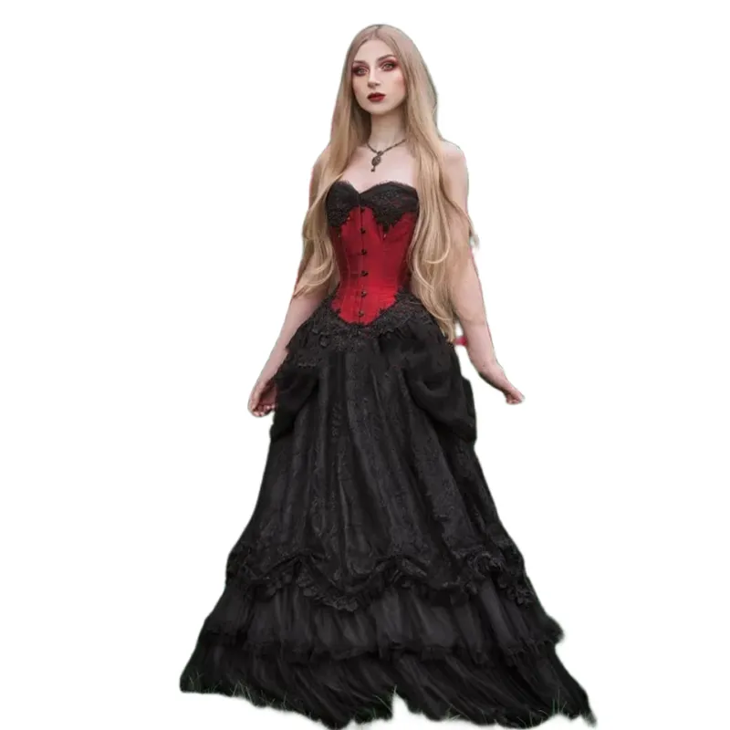 Vintage Gothic Black And Red Black Corset Prom Dress With Sweetheart ...