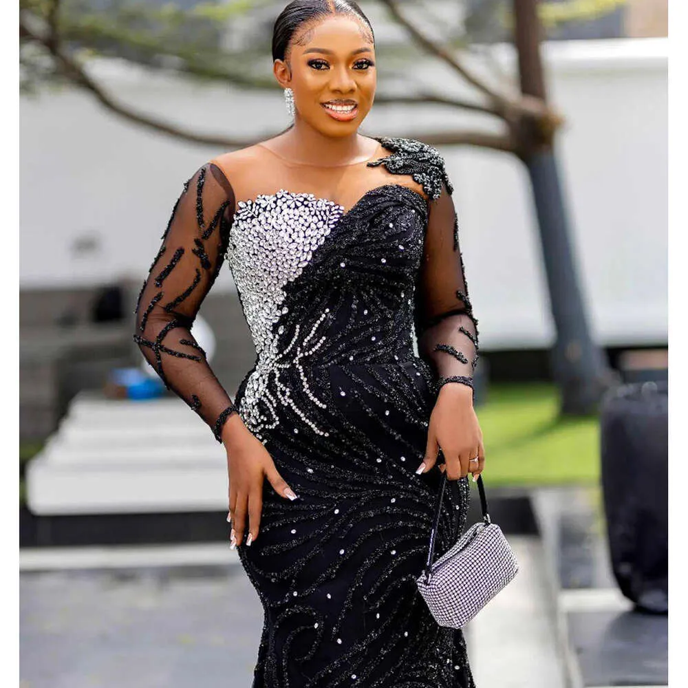 black mermaid dress plus size Black Beaded Rhinestone Mermaid Black Beaded prom dress with Illusion Full Sleeves