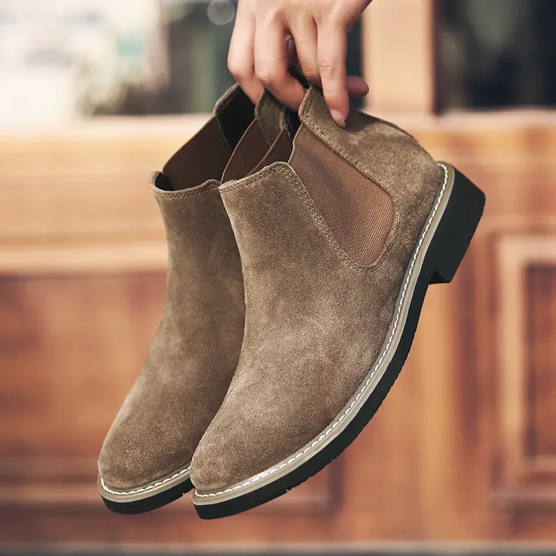 Men s Genuine Leather Chelsea Boots Suede Ankle Boots with Plush Fur Lining for Winter