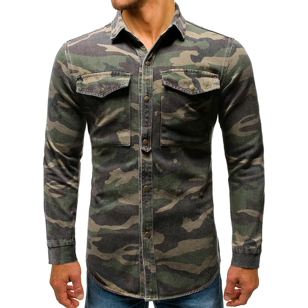 Camiseta De Camuflaje Para Hombres: Manga Larga, Botón De Solapa