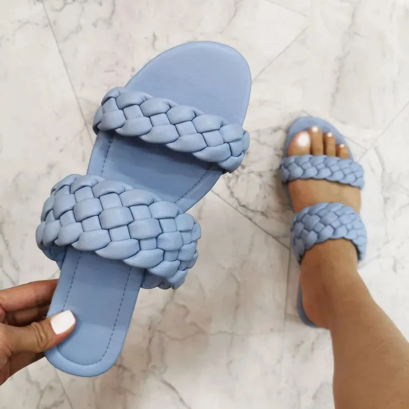 Summer Sandals Double Braid Leather Flat Slides for Women Fashionable  Comfy! Shop Now!