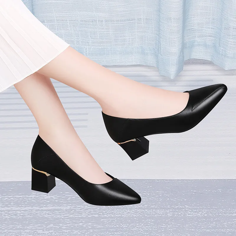 Leather Formal Work Shoes For Ladies Classic Black Formal Heels