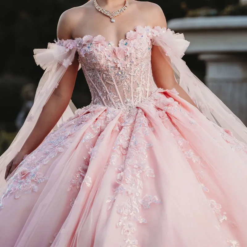 pink quince dress with cape Pink Princess Quinceanera Dresses 3D Flowers with Cape Prom Ball Gowns Sweet 15