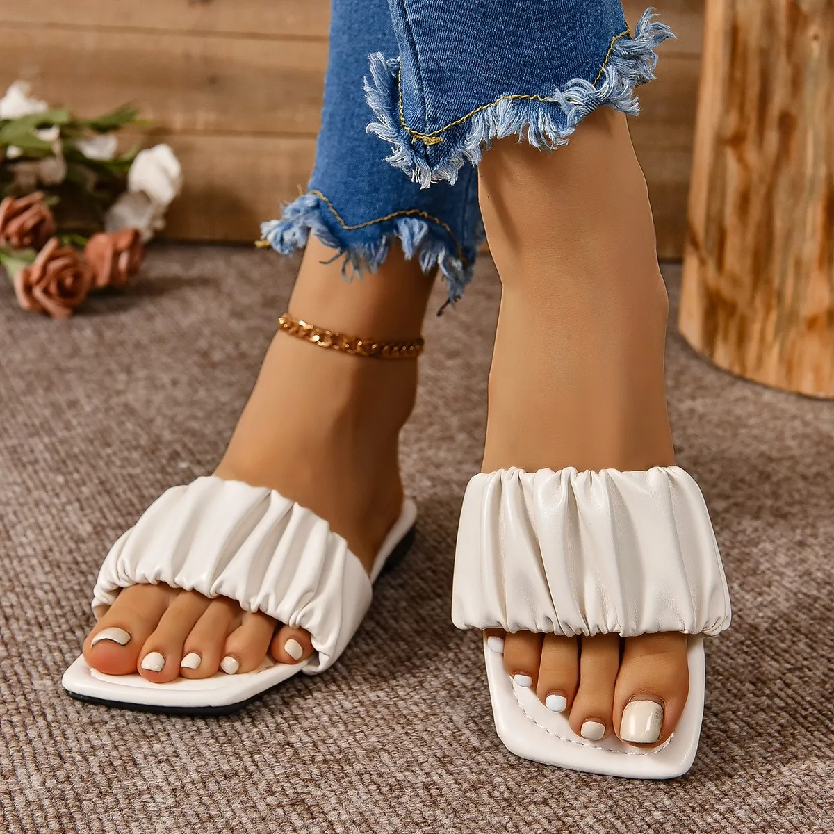 Slippers for Summer Women s Pleated Slip On Flats New Korean Summer Slippers Comfortable Green Sandals Big Size 36 42 Lightweight for Daily Use