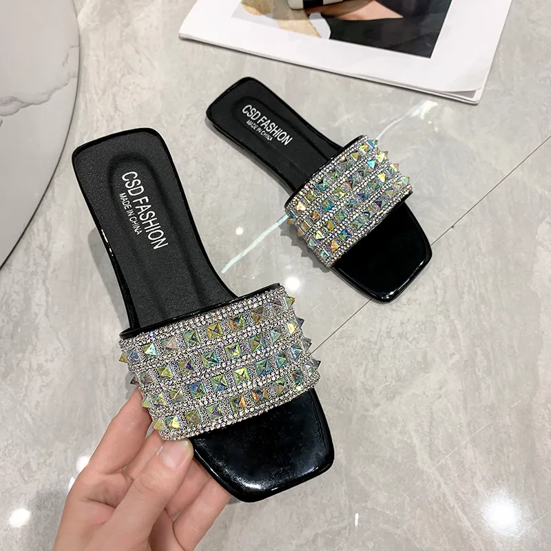 2025 NEW Women Slippers Summer Flat Shoes Slides Rivet Lady Low