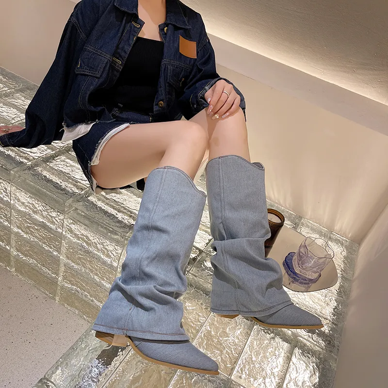 Thigh High Pleated Denim Boots for Women Stylish Blue Pointed Toe Cowboy Boots Thick Heeled Slip On Western Long Boots for Autumn 2024