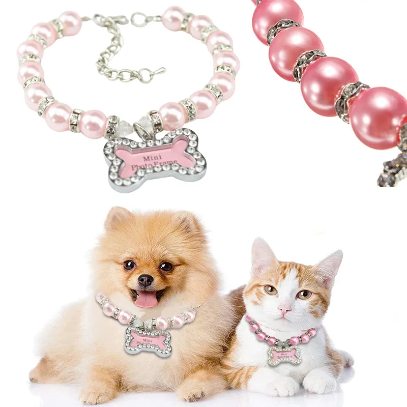Dog Collar Jewelry, Pet Engraved Necklace: Adorable Pink Pearl