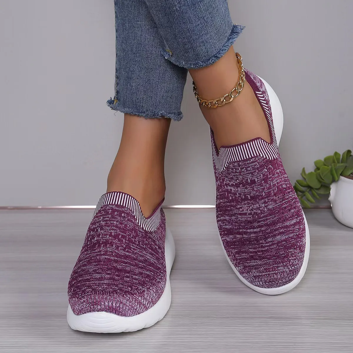 Casual Shoes Purple Slip On Shoes Breathable Knit Slip-On Sneakers