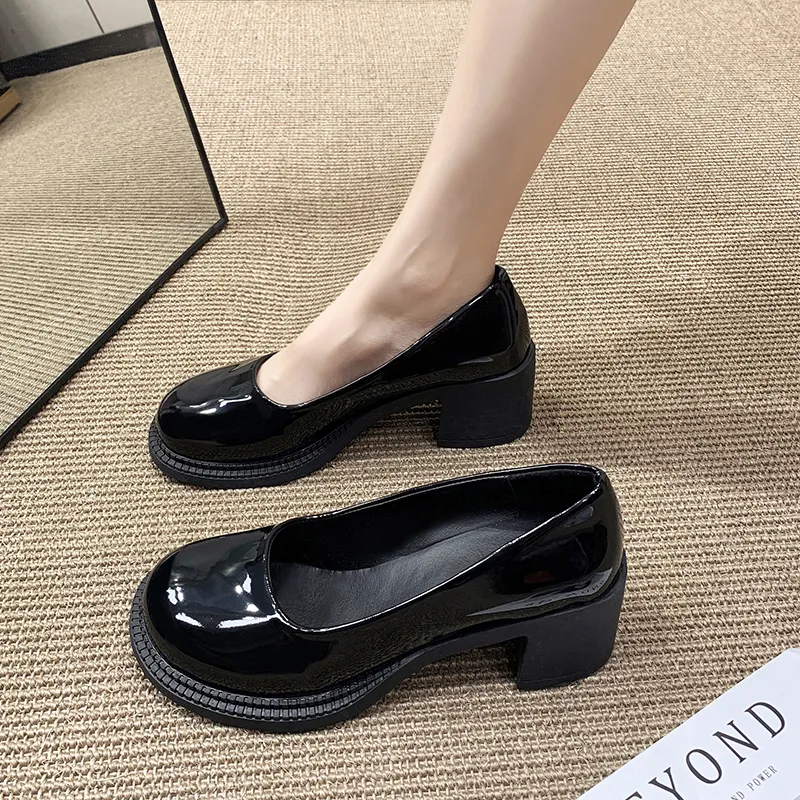 Chunky Heels Black Low Heel Pumps Kitty: Black Suede – Wide Fit