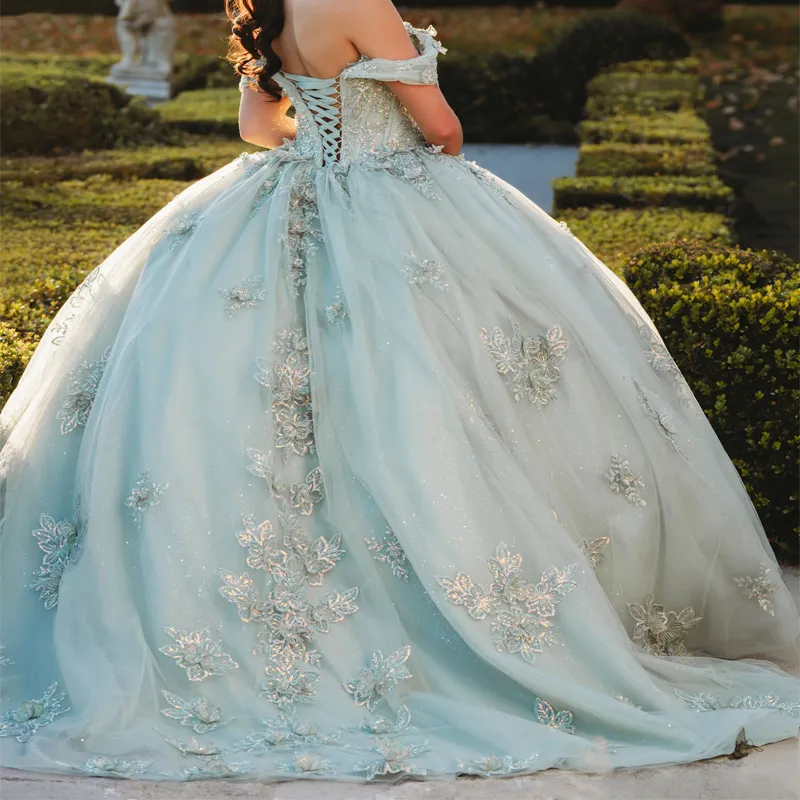 light green quince dresses Shimmering Prom Off the Shoulder Quinceanera Dress 22327 Light Green / 22W / Ball Gown up back closure completes the sophisticated design Off-Shoulder Lace Applique Quinceanera Ball