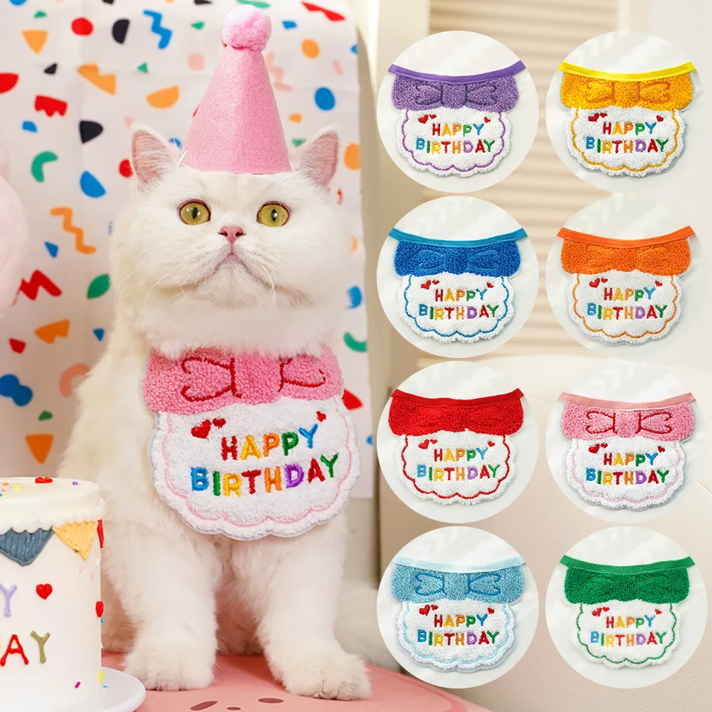 Cute Pet Birthday Party Hat Bib Set Dog Cat Dress Up Caps Saliva Towel  for Photography Props
