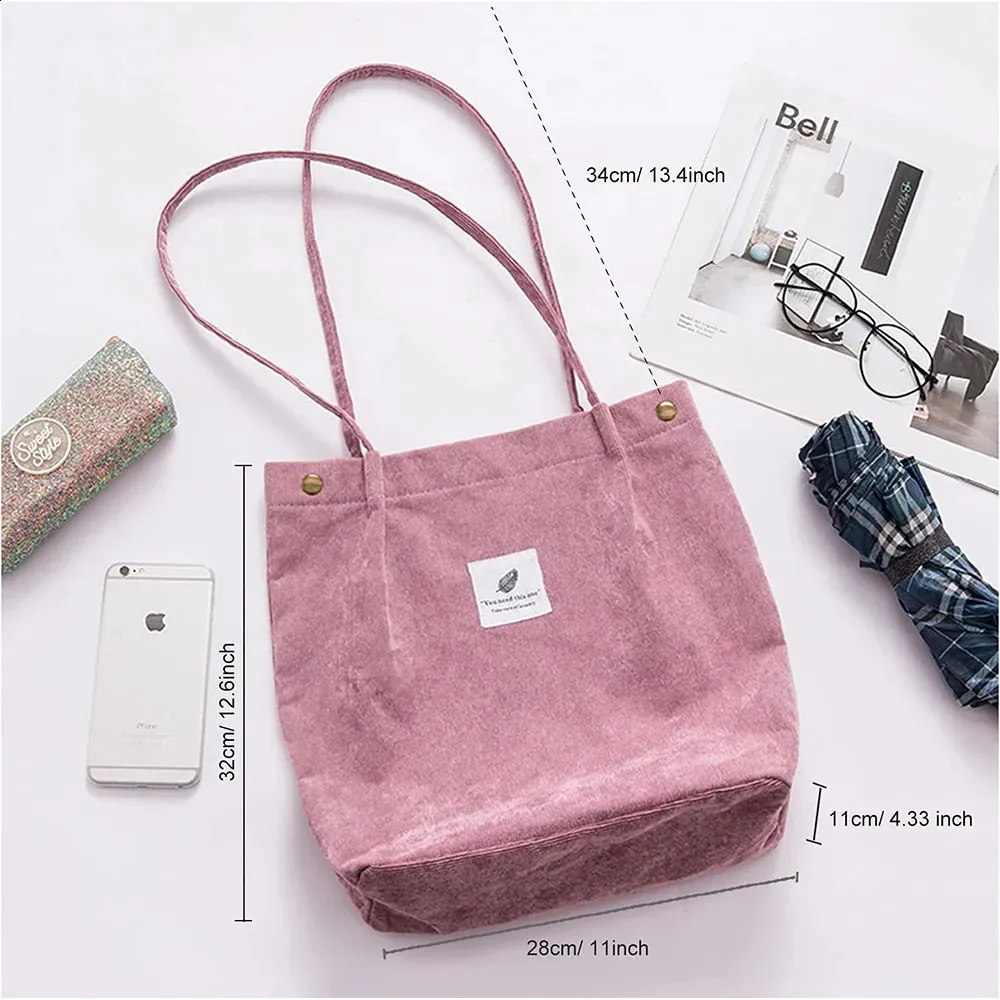 Sac Fourre-Tout Femme En Velours Côtelé - Grand Format 31x38cm - Poche Intérieure - Idéal École/Travail