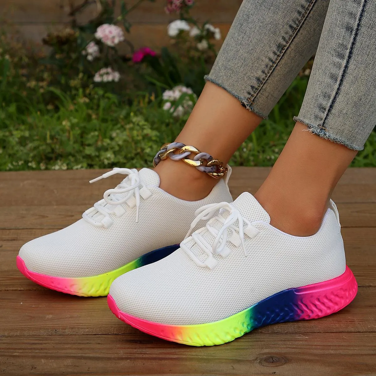 Platform Sneakers White Sneakers With Rainbow Soles White Shoes